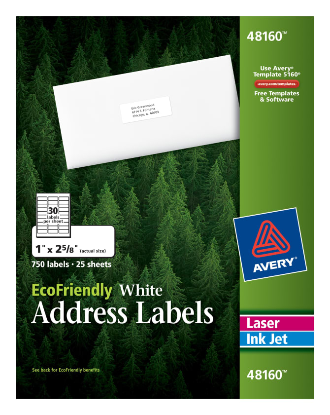 Avery Ecofriendly Address Labels 1 X 2 5 8 750 Labels 48160 Avery Com