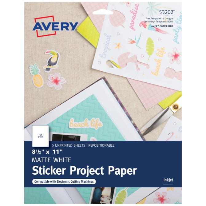 Repositionable Sticker Project Paper, 8-1/2 x 11, Inkjet Printer, 5 Matte  White Sheets (53202)