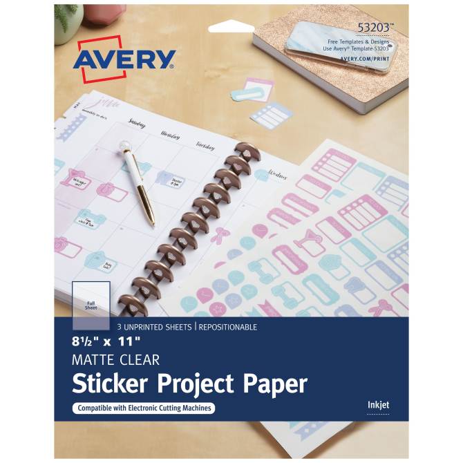 Repositionable Sticker Project Paper, 8-1/2 x 11, Inkjet Printer, 3 Matte  White Sheets (53203)