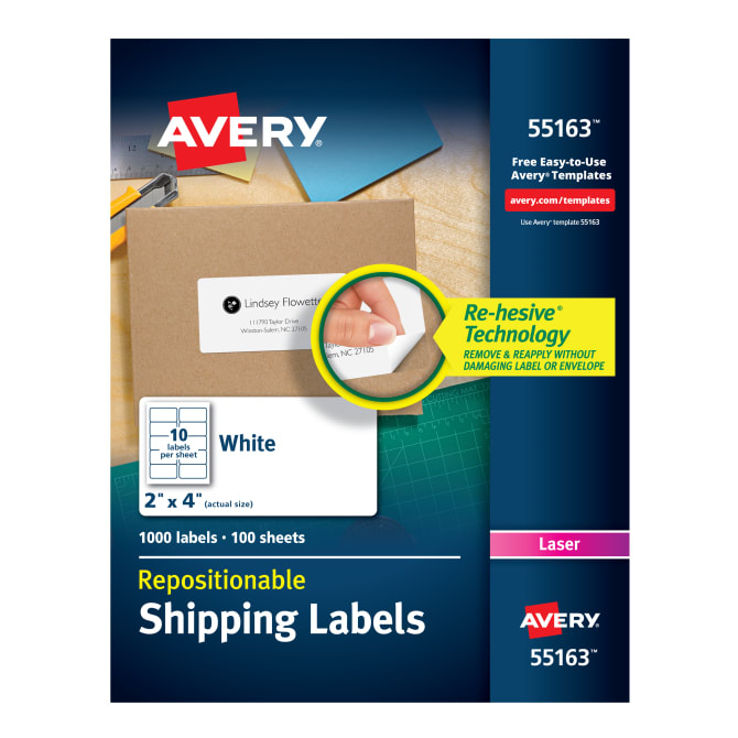 Avery® Repositionable Shipping Labels, Sure Feed™ Technology,  Repositionable Adhesive, 2