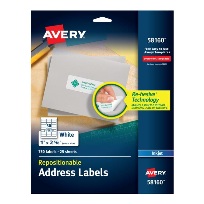 Avery Repositionable Address Labels Repositionable Adhesive 1 X 2 5 8 750 Labels 58160