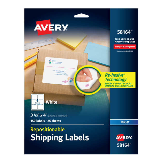 Avery Repositionable Shipping Labels Sure Feed Technology Repositionable Adhesive 3 1 3 X 4 150 Labels 58164