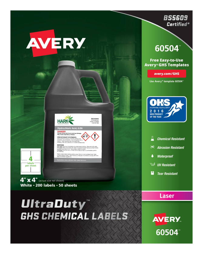 Avery Ultraduty Ghs Chemical Labels For Laser Printers Waterproof 4 X 4 200 Labels 60504 Avery Industrial