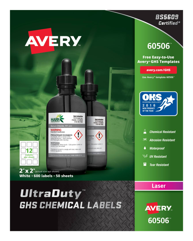 Avery Ultraduty Ghs Chemical Labels For Laser Printers Permanent Adhesive Waterproof Uv Resistant 2 X 2 600 Labels 60506