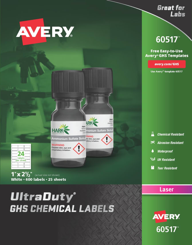 Avery Ultraduty Ghs Chemical Labels For Laser Printers Permanent Adhesive Waterproof Uv Resistant 1 X 2 5 600 Labels 60517
