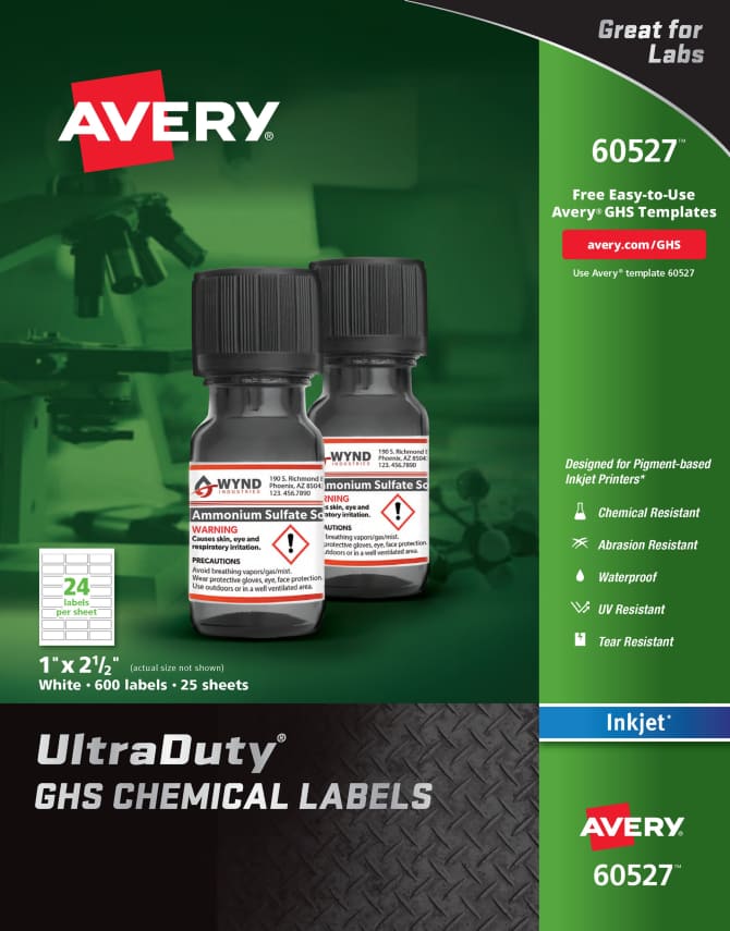 Avery® UltraDuty® GHS Chemical Labels for Pigment Inkjet Printers,  Permanent Adhesive, Waterproof, UV Resistant, 1