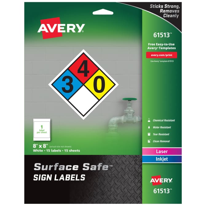 Avery Surface Safe Sign Labels 8 X 8 Removable Adhesive Water Chemical Resistant Pack Of 15 61513