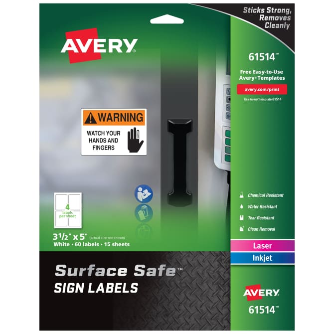 Avery Surface Safe Sign Labels 3 1 2 X 5 Removable Adhesive Water Chemical Resistant Pack Of 60 61514