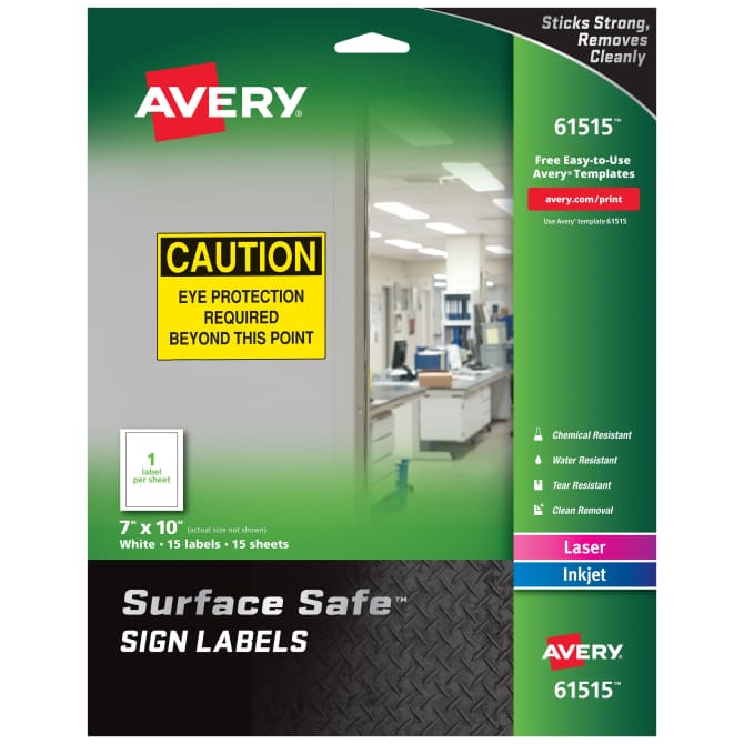 Avery Surface Safe Sign Labels 7 X 10 Removable Adhesive Water Chemical Resistant Pack Of 15 61515
