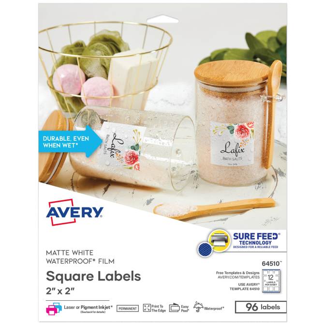 Avery Waterproof & Oil-Resistant Film Labels - 2" X 2" Square For Laser/Inkjet, 120 Labels (64503)