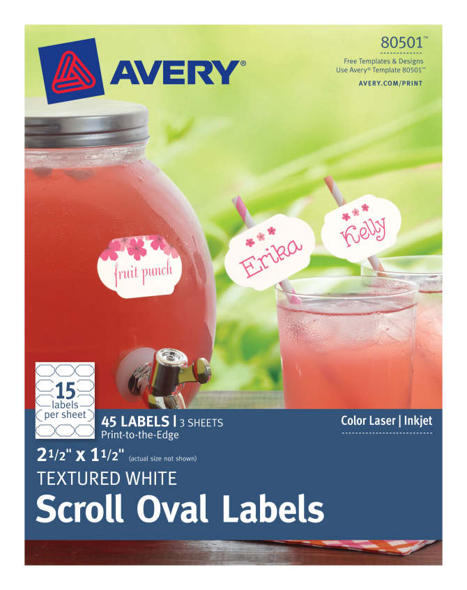 Avery Oval Scroll Labels True Print Textured 45 Labels 80501 Avery Com Avery print to the edge oval labels for laser and inkjet printers 1½ x 2½ template 22804 18 per sheet. avery oval scroll labels true print textured 2 1 2 x 1 1 2 45 labels 80501