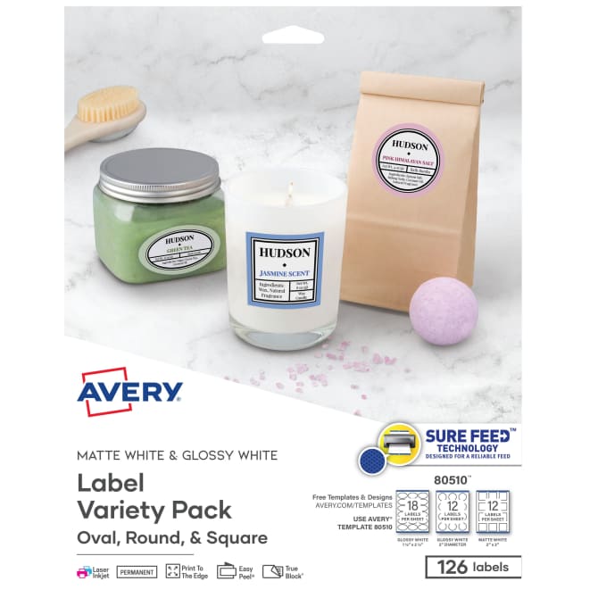 Avery® Assorted Label Variety Pack with Sure Feed™, Glossy White, 126  Labels, Permanent Adhesive (80510)