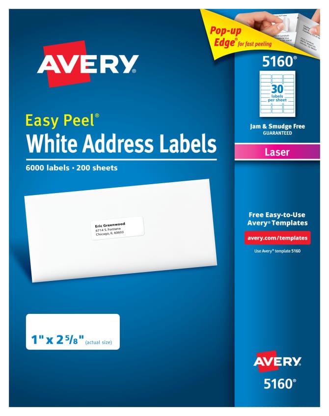 Avery Address Labels For Automatic Label Peeler Permanent Adhesive 1 X 2 5 8 6 000 Labels 15960