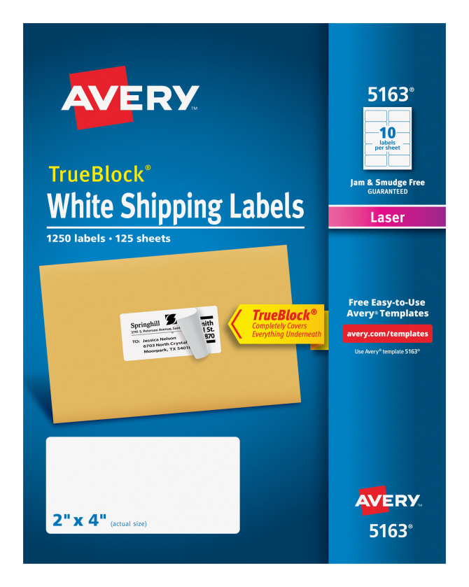 Avery Shipping Labels Permanent Adhesive 1,250 Labels (85563 ...