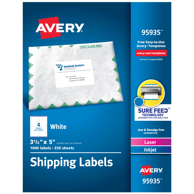 Avery® Shipping Labels, Sure Feed™ Technology, Permanent Adhesive, 3-1/2” x  5”, 1,000 Labels (95935)