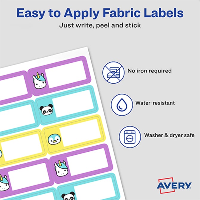 Avery® No-Iron Fabric Name Labels, Cute Animal Preprinted Designs,  Handwrite Only, 3/4 x 1-3/4, 24 Preprinted Labels (40770)