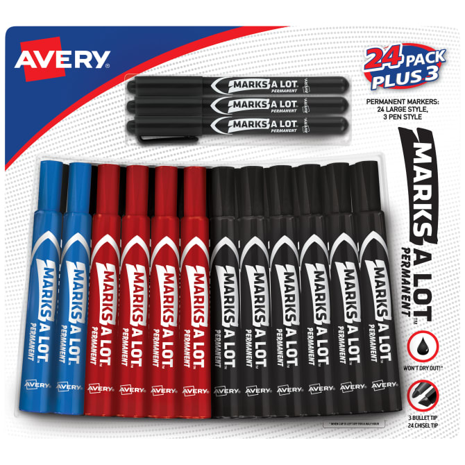 Avery Marks-A-Lot Permanent Markers Assorted Colors, 24 Large Desk-Style  and 3 Pen Style (24426)