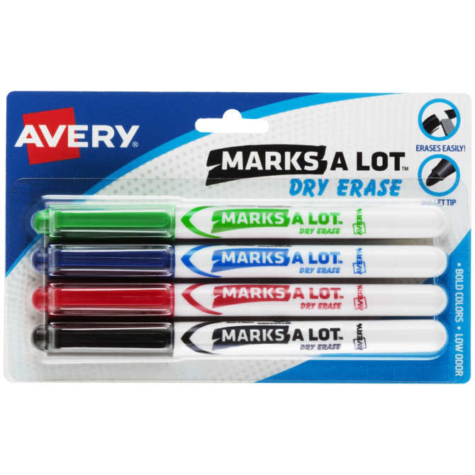 Marks-A-Lot® Pen-Style Dry Erase Markers, Bullet Tip, Assorted Colors, 4  Markers (24459)