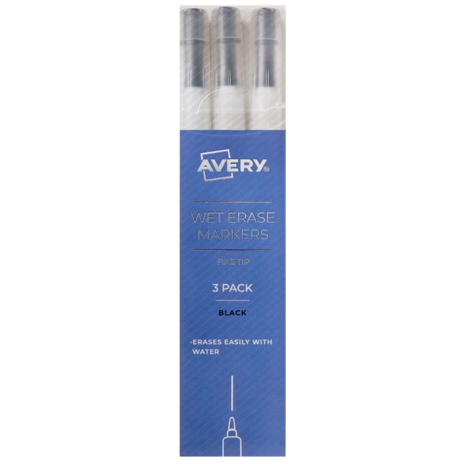 Avery® Wet Erase Markers, Fine Tip Markers, Smudge-Free and Quick-Drying,  Black, Water-Erasable Markers for Planner Dashboards, Whiteboards and More,  3-Pack (24533)