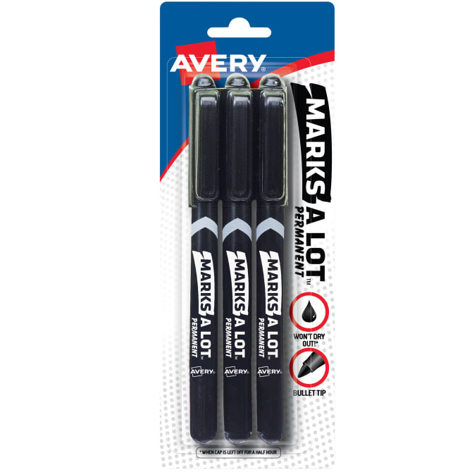 Avery Marks-A-Lot Permanent Markers, Pen-Style Size, Bullet Tip, 3 Black  Markers (29837)
