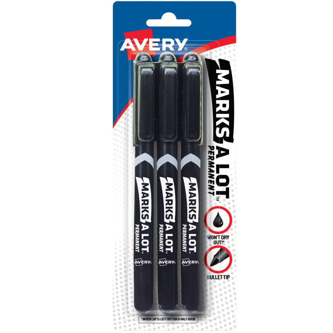  AVERY Marks A Lot Permanent Markers, Bullet Tip, Water  Resistant, Industrial Grade Ink, 12 Black Markers (29840) : Office Products