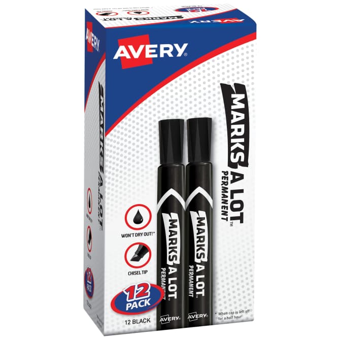 Avery Marks-A-Lot Permanent Markers, Pen-Style Size, Bullet Tip, 3 Black  Markers (29837)