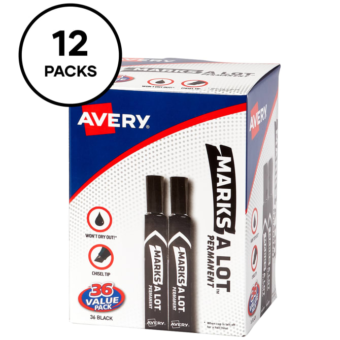 Marks-A-Lot Permanent Markers, Large Desk-Style size, Chisel Tip, 12 Black Markers - Avery