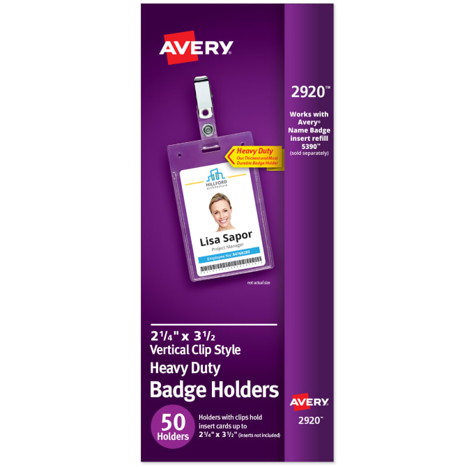 Avery® Heavy Duty Badge Holders with Clips, 3-1/2 x 2-1/4, Portrait, 50  Clip Style Name Badge Holders (2920)