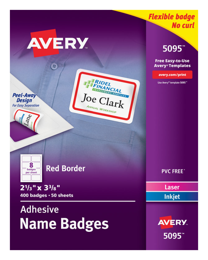 Avery® Adhesive Name Badges, Red Border, 2-1/3