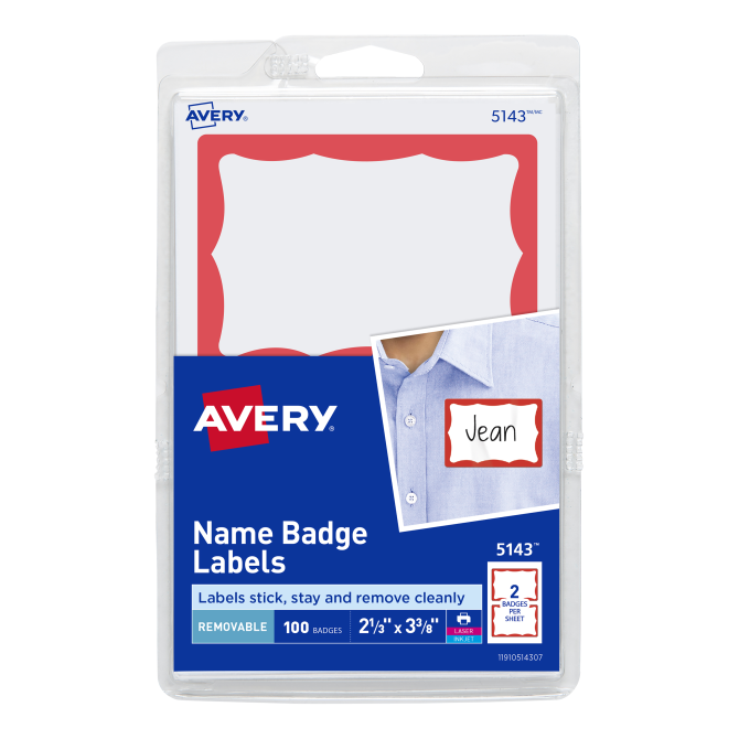 Avery Name Badge Labels Red Border 2 11 32 X 3 3 8 100 Badges 5143