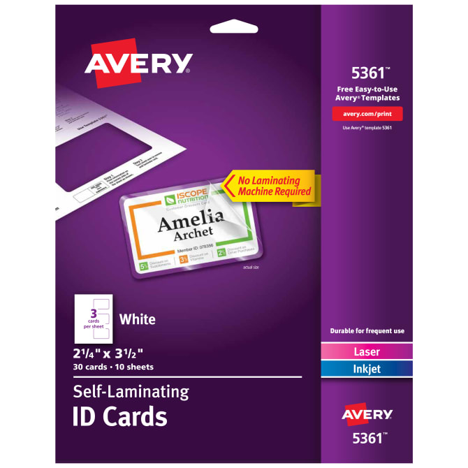 Avery Self Laminating Id Cards 2 1 4 X 3 1 2 30 Cards 5361