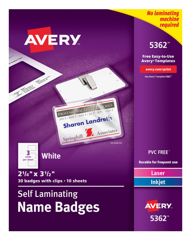 Avery Self Laminating Name Badges 2 1 4 X 3 1 2 30 Badges 5362