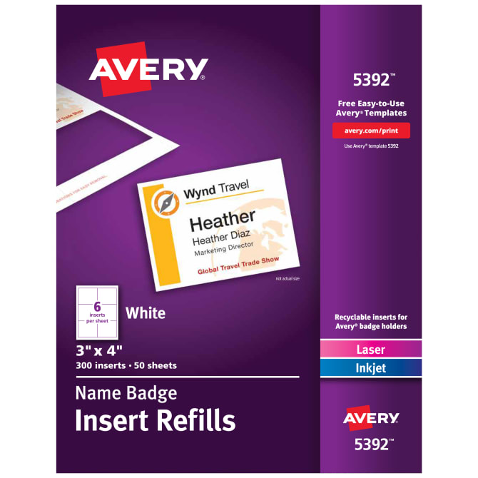 Avery Name Badge Insert Refills 3 X 4 300 Inserts 5392