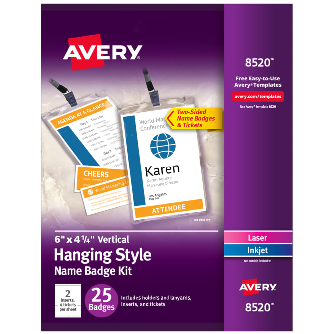 Avery® Customizable Name Badges, 6" x 4-1/4", 25 Vertical Badge Holders with Lanyards, Printable Name Inserts with Tickets (8520) | Avery.com