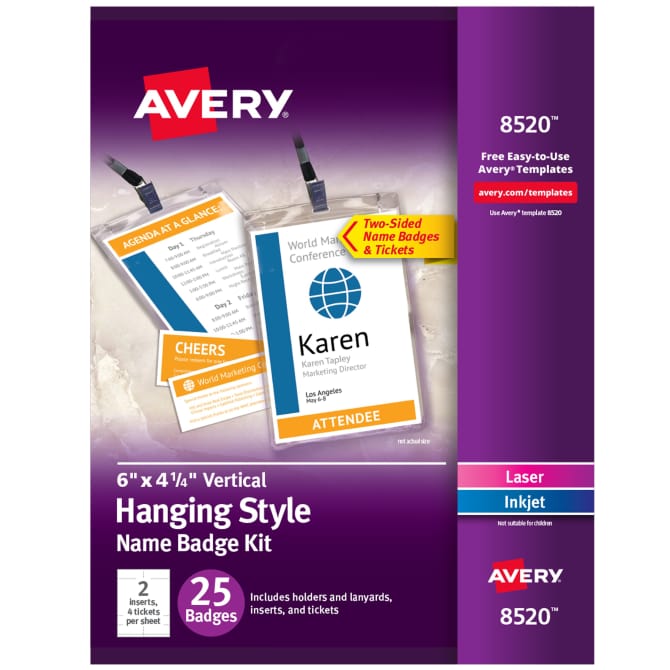 Avery® Customizable Name Badges, 6" x 4-1/4", 25 Vertical Badge Holders with Lanyards, Printable Name Inserts with Tickets (8520) | Avery.com