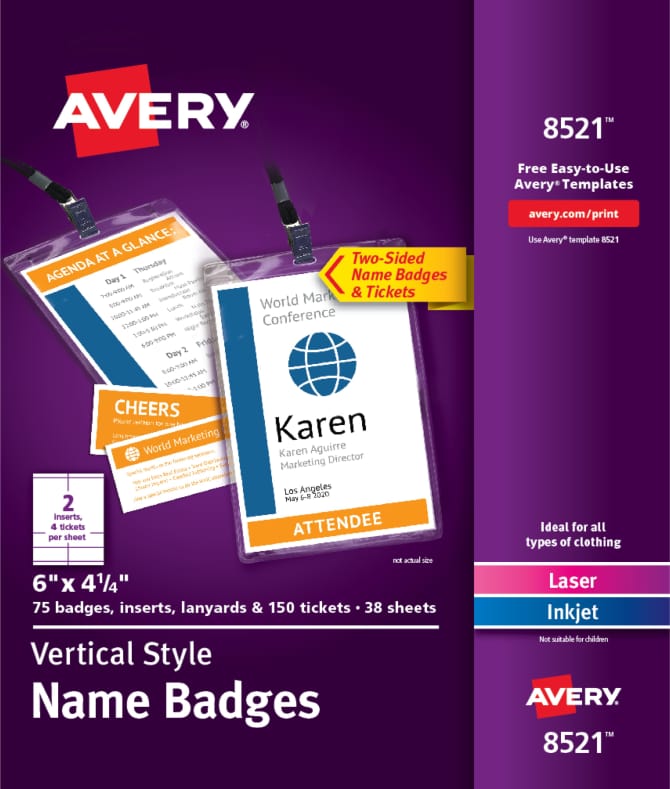 Name Badges, 6" x 4-1/4", 75 Vertical Holders with Lanyards, Printable Name Tag Inserts with Tickets (8521) | Avery.com