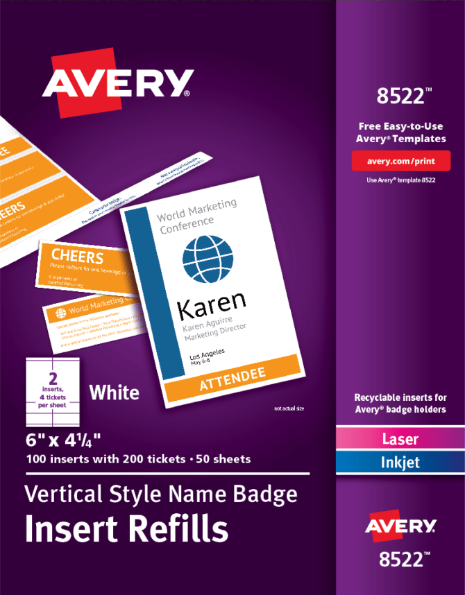 8522 100 Inserts 6 x 4-1/4 Avery Vertical Name Badge & Ticket Inserts 