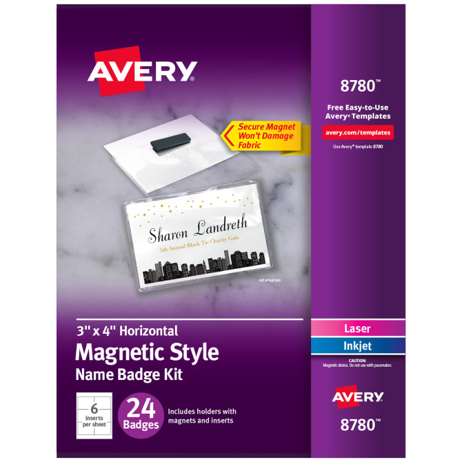 Avery® Name Badges with Magnets, 3 x 4, Clear Name Tag Holders with White  Inserts, 24 Magnetic Name Badges (8780)