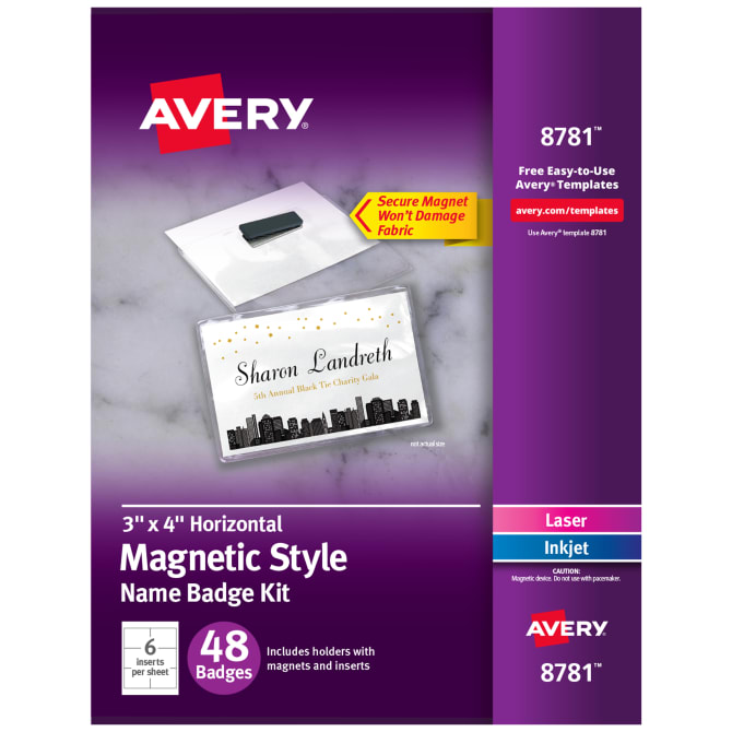 Avery® Customizable Magnetic Name Badges, 3" x 4", White, 48 Printable Inserts and Badge Holders Magnets (8781)