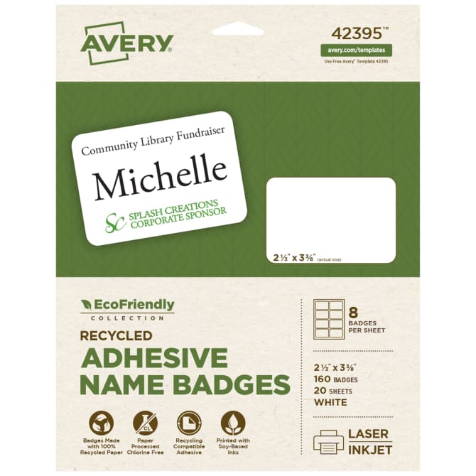 Avery® EcoFriendly Adhesive Name Badges, 2-1/3