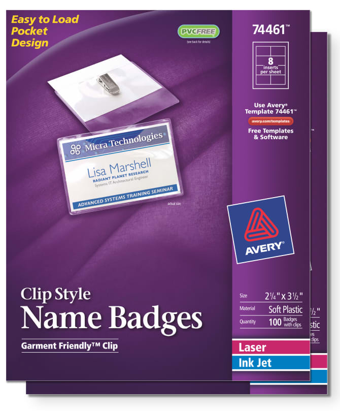 Avery Clip Name Badges Print Or Write 200 Inserts Badge Holders With Clips 2 1 4 X 3 1 2 44461