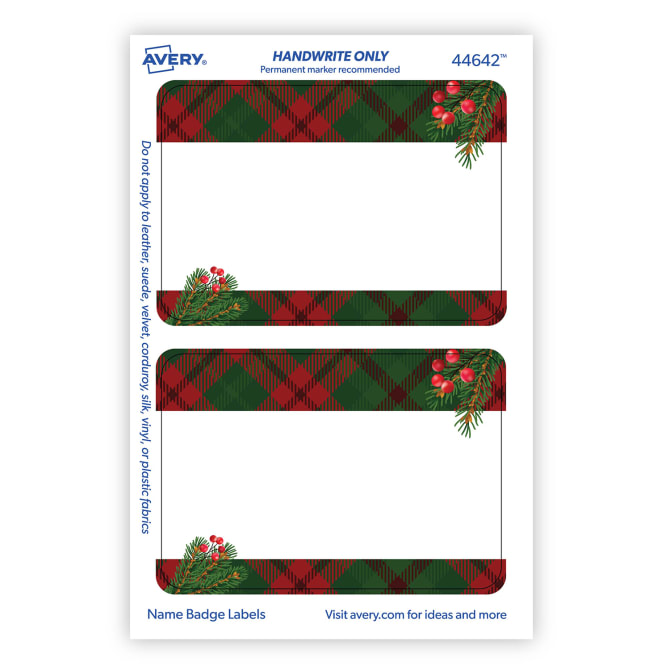 Avery® Pine & Red Berry Plaid Name Tags, Christmas Gift Tags, No Lift, No  Curl, Handwrite Only, 36 Name Tags (44642)