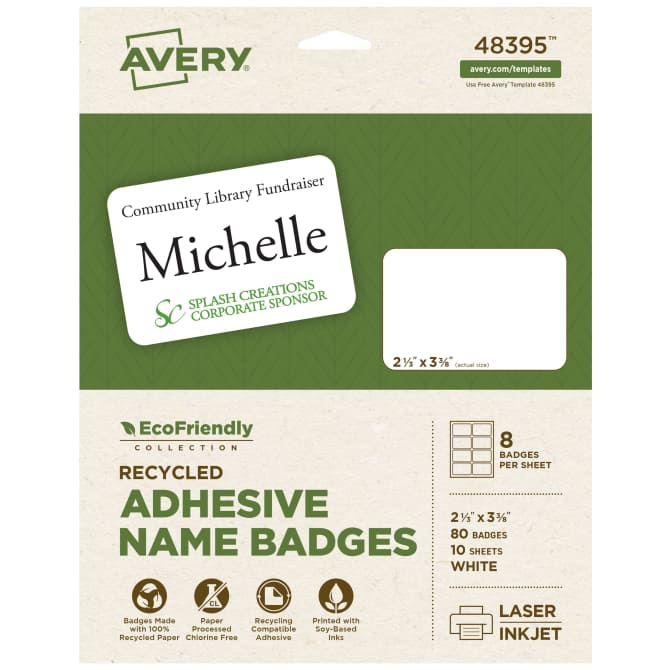 Avery® EcoFriendly Adhesive Name Badges, 2-1/3