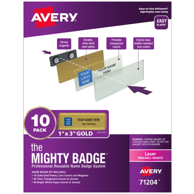 The Mighty Badge By Avery Professional Reusable Name Badge System Gold 1 X 3 Id Badges 10 Durable Reusable Name Tags 80 Inserts For Laser