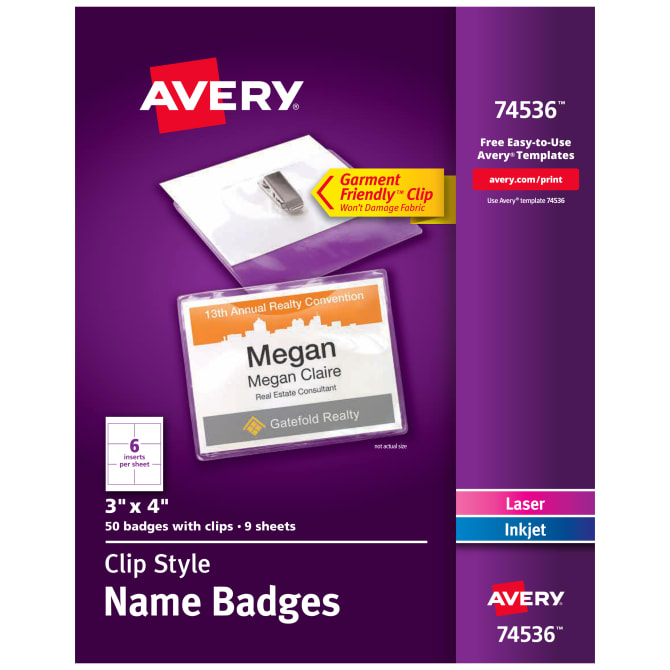 Avery Top Loading Garment Friendly Clip Style Name Badges 3 X 4 50 Badges 74536