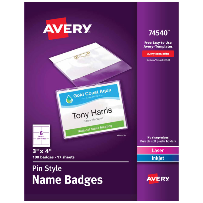 Avery Top Loading Pin Style Name Badges 3 X 4 100 Badges 74540