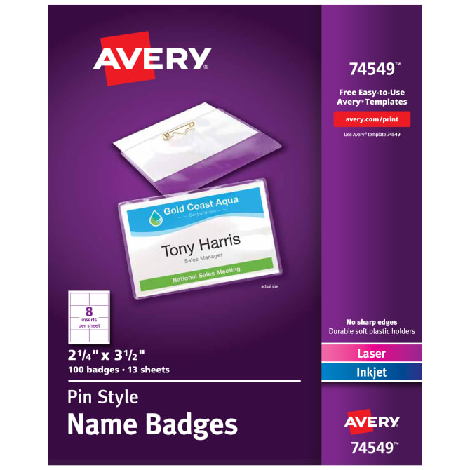 Avery® Name Badges with Pins, 2-1/4 x 3-1/2, Clear Badge Holders with  White Inserts, 100 Pin Style Name Badges (74549)