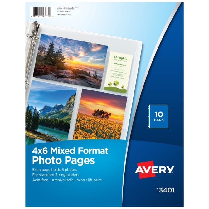 Avery® Clear Mixed Format Photo Pages, Acid Free, Holds 4” x 6” Photos, 10  Sheets (13401)