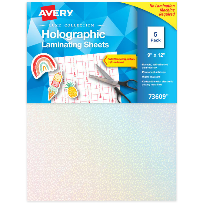 Avery Luxe Collection Holographic Laminating Sheets, Speckled Dots, 9 x 12, Self-Adhesive, 5 Holographic Overlay Sheets Total (73609)