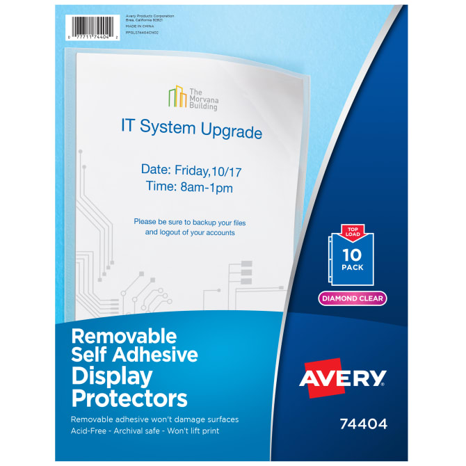 Avery® Clear Removable Self-Adhesive Display Protectors, Holds 8-1/2” x 11”  Sheets, Top Load, 10ct (74404)